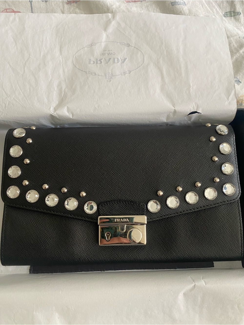 Prada Black Studded Saffiano Leather Wallet - Picture 3 of 11